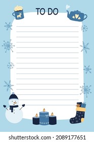 Template for To Do List with cute winter elements in blue colors. Snowman, candle, Christmas sock, snowflakes. Vector illustration