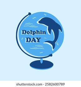 A template for Dolphin Awareness month. Vector illustration of a globe and silhouette of a blue dolphin, marine mammal rescue concept. A place for the text, a flat icon.