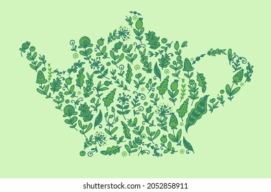 A template of doodle leaves in the shape of a green teapot. Hand-drawn illustration of doodle green leaves in flat style silhouette of a teapot on green for a design template.doodle green leaves