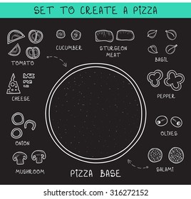 Template doodle set ingredients of chalk to create pizza.  Sliced vegetables. 