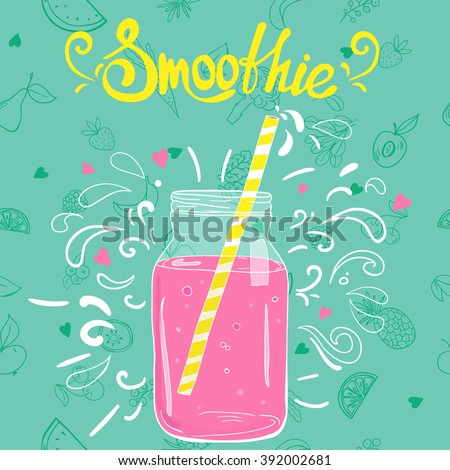 Template with doodle style smoothie in a jar