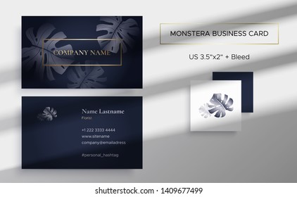 Template of double sided business card with Monstera in graphite color and gold. Monstera leaves. The cover and reverse side. Strict style. Suitable for use for example floral company.