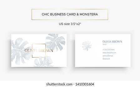 Template of double sided business card with Monstera in soft trendy colors. Grey, light pink and bronze. Leaf monstera watercolor stains. The cover and reverse side. Chic style.
