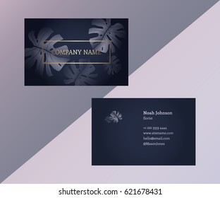 Template of double sided business card in trendy colors. Graphite gray and gold. Monstera leaves. The cover and reverse side. Strict style. Suitable for use for example floral company.