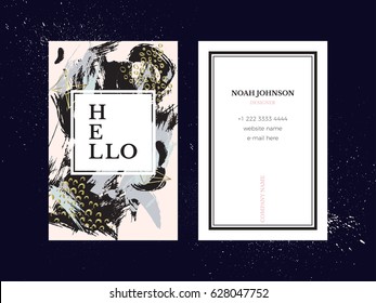 Template of double sided business card in trendy colors. Graphite gray and gold. Monstera leaves. The cover and reverse side. Strict style. Suitable for use for example floral company.