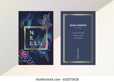 Template of double sided business card in dark blue, pastel pink and gold colors. Artistic texture. Brush strokes. The cover and reverse side. Strict style. Personal badge.