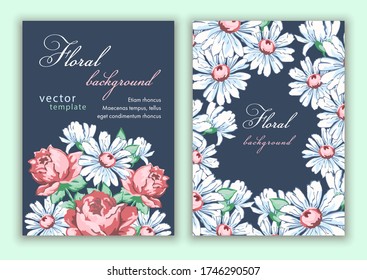 Template double sided cover, poster, greeting card, invitation, banner, flyer with
colorful abstract floral design with flowers of roses and daisies on dark blue background. Vector
illustration