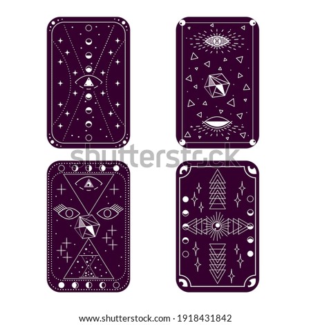 Template of drawings for Tarot cards. Set of magic items, hourglass, crystal. Opening of third eye of soul, phases of moon, celestial spheres, stars. Vector illustration for design of esoteric science