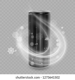 Template for Drink package design, Aluminum can of Black color, Ice drink metallic can. Realistic Vector illustration