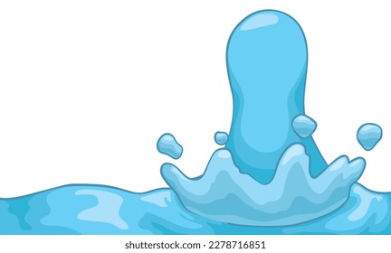 Template with drop impact on blue water surface with copy space. Design in cartoon style.