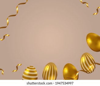 Template for easter banner, greeting card. Festive background with 3d gold eggs, elegant style.
