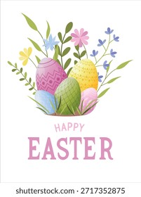 Eine Vorlage für ein Osterbanner, eine Grußkarte oder ein Poster. Farbenfrohe Ostereier, umgeben von Frühlingswiesenblumen. Eiersuche.