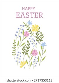 A template for an Easter banner, greeting card, or poster. A delicate illustration of an Easter egg filled with spring meadow herbs.