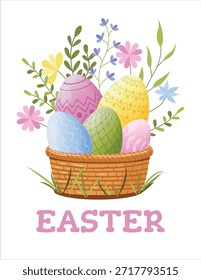 Una Plantilla para un Anuncio de Pascua, tarjeta de felicitación o cartel. Coloridos huevos de Pascua en una cesta rodeada de hierbas y flores de prado.