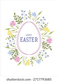 Una Plantilla para un Anuncio de Pascua, tarjeta de felicitación o cartel. Una silueta de un huevo de Pascua rodeado de flores de prado y hierbas.