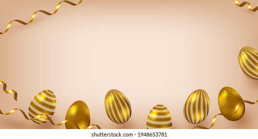 Plantilla para banner de Semana Santa, página de inicio. Fondo festivo con huevos de oro 3d y confeti, elegante estilo. 