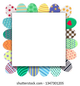 Template of Easter Card with Colorful Eggs in Wreath Form. Greeting or Invitation Template with Space for Text. Vector illustration for Your Design, Web, Print.