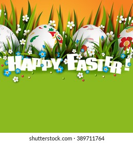 Template Easter Card with colorful eggs and grass. Vector background with flowers.