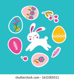 Template of Easter card with cute bunny, spring flowers and eggs. Vector illustration