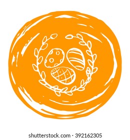 Template Easter Card with eggs and nest on the orange round stain. Vector background. Brush sketch.