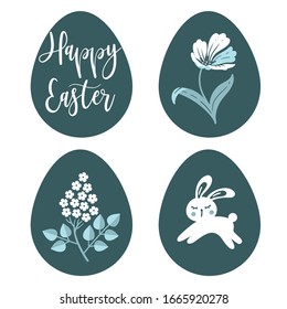Template for easter card with eggs shapes, bunny, tulip, lilac and inscription. Flat vector illustration