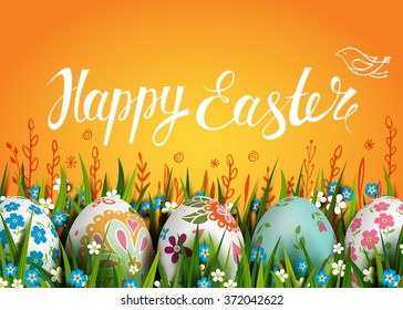 Template Easter Card with golden realistic eggs, grass and flowers. Folk paints. Vector  background.  Lettering, calligraphy. Handwriting inscription.