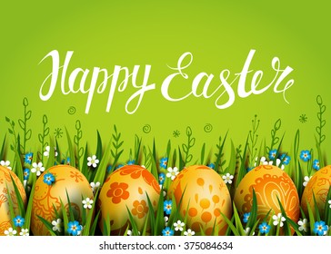 Template Easter Card with golden realistic eggs and flowers. Folk paints. Vector  background. Lettering, calligraphy. Handwriting inscription.