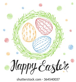Template Easter Card with nest and eggs. Vector background.  Lettering, calligraphy. Handwriting inscription.