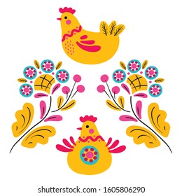 Template for easter card, poster and another elements of easter decoration: chickens and folk spring flowers. Vector illustration