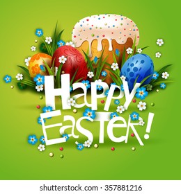 Plantilla Tarjeta de Pascua con huevos de colores realistas, flores y pastel. Pinturas populares.Fondo vectorial. 