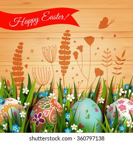 Template Easter card with realistic eggs and flowers. Vector background.  Wood texture. Glade.