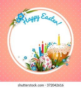 Template Easter Card with realistic eggs, flowers and cake. Vector background.
