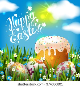 Template Easter Card with realistic eggs, cake and flowers. Vector sunny background. Grass, sun, blue sky. Lettering, calligraphy. Handwriting inscription. 