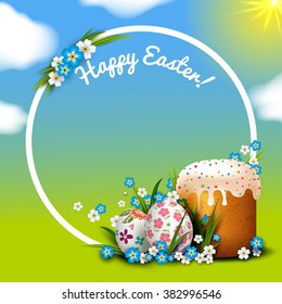 Template Easter card with realistic eggs, flowers and cake. Vector sunny holiday background. Frame. Blue sky and clouds.