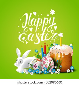 Template Easter Card with realistic eggs, flowers, cake and bunny. Vector holiday background. Handwritten inscription. Calligraphy.