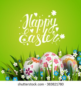 Template Easter Card with realistic eggs, grass and flowers. Floral Russian folk paints. Vector background. Lettering, calligraphy. Handwriting inscription.