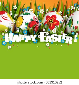 Template Easter Card with realistic russian eggs and flowers. Floral paints. Vector background. 