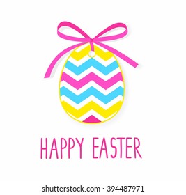 Template Easter greeting card.  Banner in shape of egg with ribbon and bow. Decorative illustration for print.