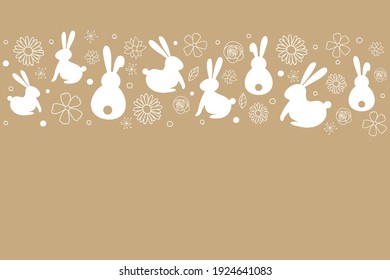 Template of Easter greeting card with bunnies and flowers. Vector