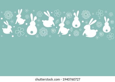 Template of Easter greeting card with bunnies and flowers. Vector