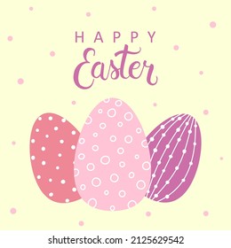 Template of Easter greeting card. Colorful decorated Easter eggs in flat style