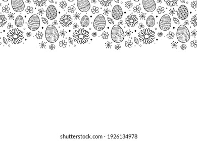 Template of Easter greeting card with eggs and flowers. Vector