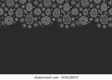 Template of Easter greeting card with eggs and flowers. Vector