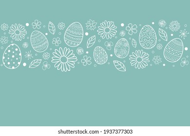 Template of Easter greeting card with eggs and flowers. Vector