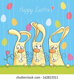 Template Easter greeting card with three bunnies and eggs, vector 