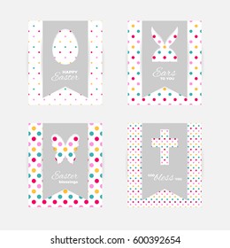 Template of Easter greeting cards. Grey isolated layer on top individualized with a cut out silhouettes of egg, hare, butterfly, cross. Bottom layer contains colorful dots pattern on white background.