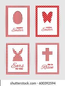 Template of Easter  greeting cards. White isolated layer on top individualized with a cut out easter silhouettes of egg, hare,  butterfly and cross. Bottom layer contains geometric background