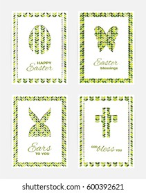 Template of Easter greeting cards. White isolated layer on top individualized with a cut out silhouettes of egg, hare,  butterfly and cross. Bottom layer contains a  leaves pattern on white background