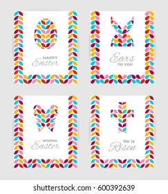 Template of Easter greeting cards. White isolated layer on top individualized with a cut out silhouettes of egg, hare, butterfly, cross. Bottom layer contains a  leaves pattern on white background