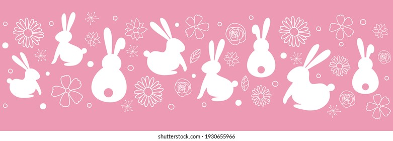 Template of Easter header with bunnies and flowers. Vector